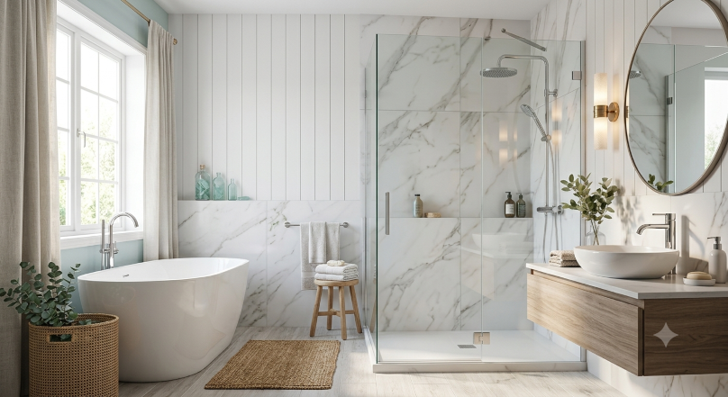 Small modern powder room renovation with dark vanity and glass shower in Sydney home